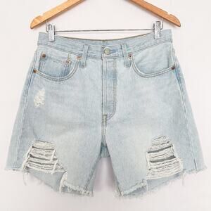 Levis 501 Mid Thigh Denim Short High Rise 6" Inseam Ripped Size 30 Light Wash
